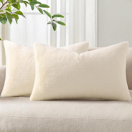 Pallene Faux Fur Plush Lumbar Throw Pillow Covers 12x20 Set of 2, Soft Fluffy Couch Pillow Covers for Living Room, Beige
