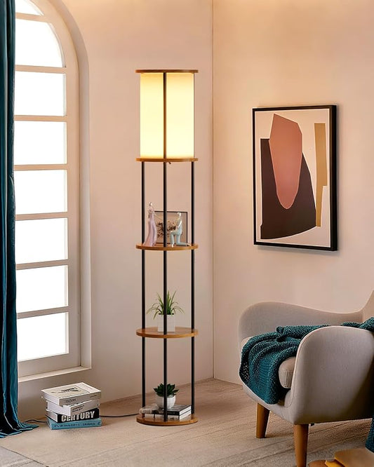 ACOHOOK 61" Floor Lamp with Shelves, Modern Black Floor Lamp with Fabric Lampshade and 3- Tier Storage Table Attached, 35lb Capacity Solid Wood, Corner Bookshelf Lamps for Living Room, Bedroom, Office