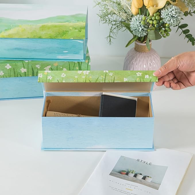 Soul & Lane Watercolor Decorative Storage Boxes with Lids - Set of 3 - Lakeside Meadow Whisper: Floral Memory Keepsake Boxes with Magnetic Closure, Cardboard Storage for Photos, Organizing, Gifts