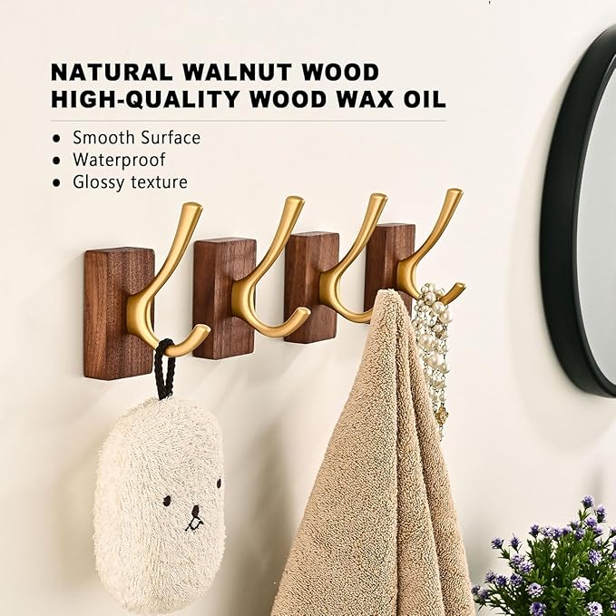 6 Pack Walnut Wood Wall Coat Hooks for Hanging, Adhesive Mounted & Wall Mount Heavy Duty Wooden Double Hook Hanger for Towel Backpack Hat Jacket Clothes Blanket Purse Robe Key Stain Gold Hook