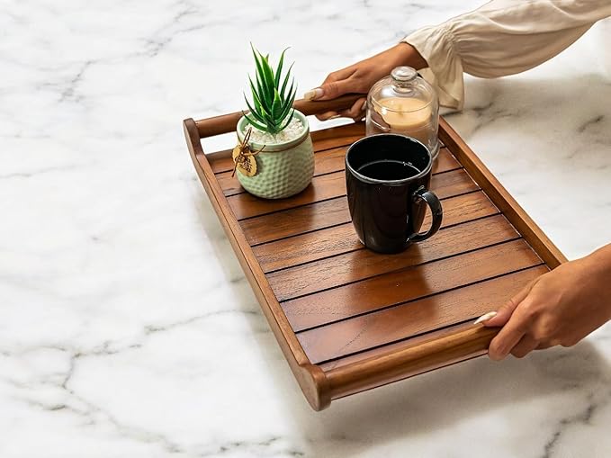 Vesta Homes Large Teak Wood Rectangular Serving Tray for Home, Kitchen, Restaurant, Office Organizer, Dining Table|Premium Serving Trays|38 X 25 X 6 Cm|Handmade in India