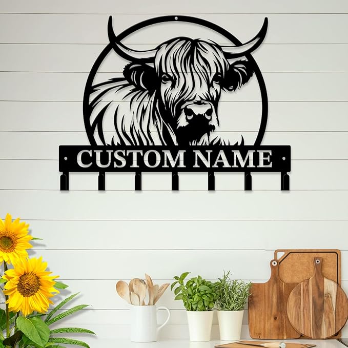 magilab Personalized Custom Highland Cow Wall Hooks,Metal Highland Cow Art Clothes Hooks,Metal Highland Cow Wall Home Storage Decorative,for Front Door, Hallway, Kitchen, Bedroom,Keys,Hats (Style K)