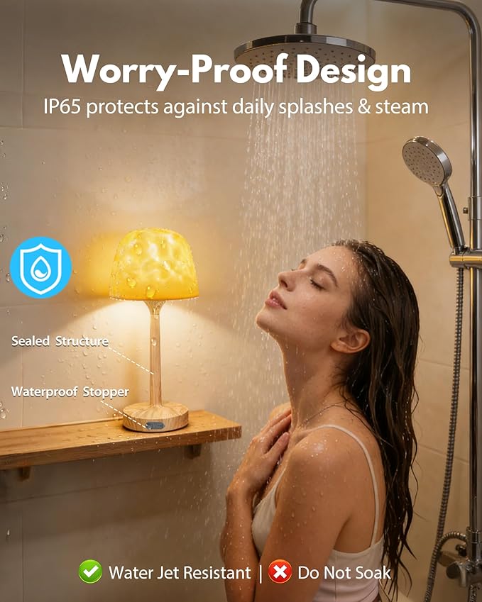 Spa-Like Shower Lamp - Waterproof Bathroom Lamp with 16 Color Ocean Wave Projector, Cordless Light for Inside Shower/Bathtub Bedroom Living Room Kitchen Decor (Wood Grain)