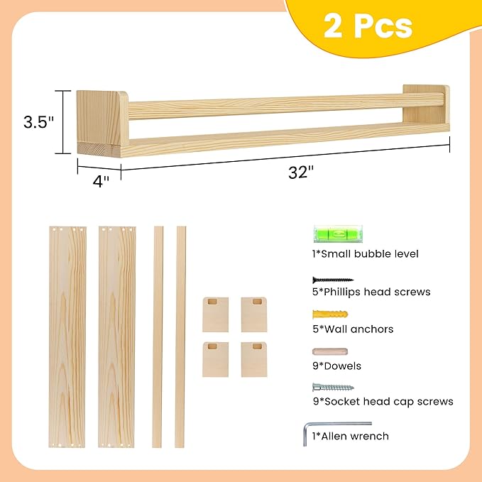 Fun Memories Nursery Book Shelves - Rustic Natural Solid Wood Floating Bookshelf for Kids - Wall Book Shelves for Kids Room (Natural, 32inch - 2P)