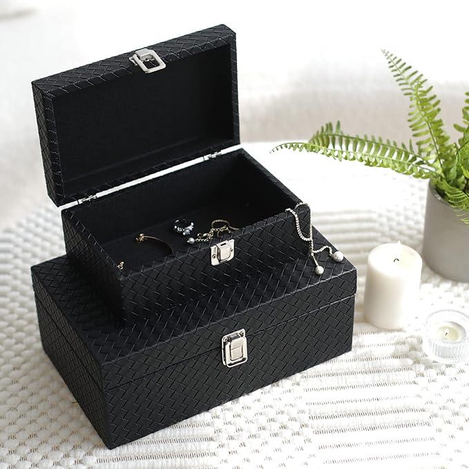 Faux Leather Decorative Jewelry Storage Organizer Boxes Set of 2, Black