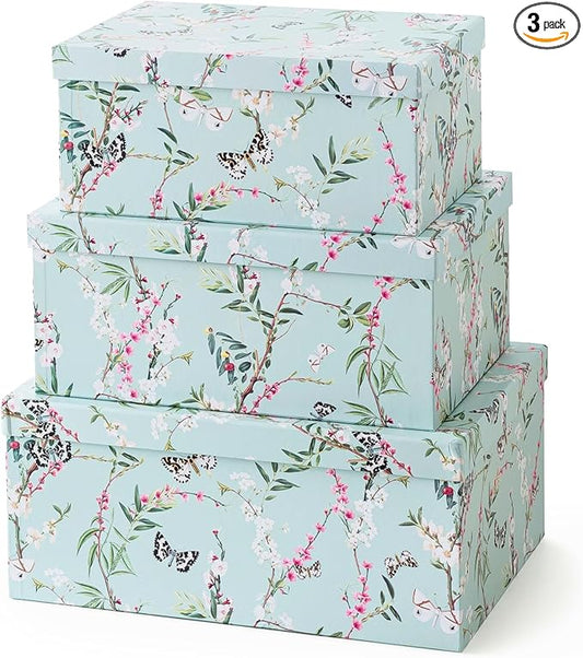 Soul & Lane Butterflies in Flight Photo Storage Boxes (Set of 3): Nesting Boxes with Lids, Floral Decorative Cardboard Containers, Paperboard Picture Storage for Photos, Nature Decor Cartons
