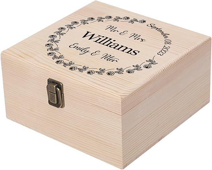 Personalized Wedding Keepsake Box Custom Name Date, Wooden Memory Box Wedding Gift Box for Couples Newlyweds - Customized Gifts for Bridal Shower Anniversary Engagement Christmas
