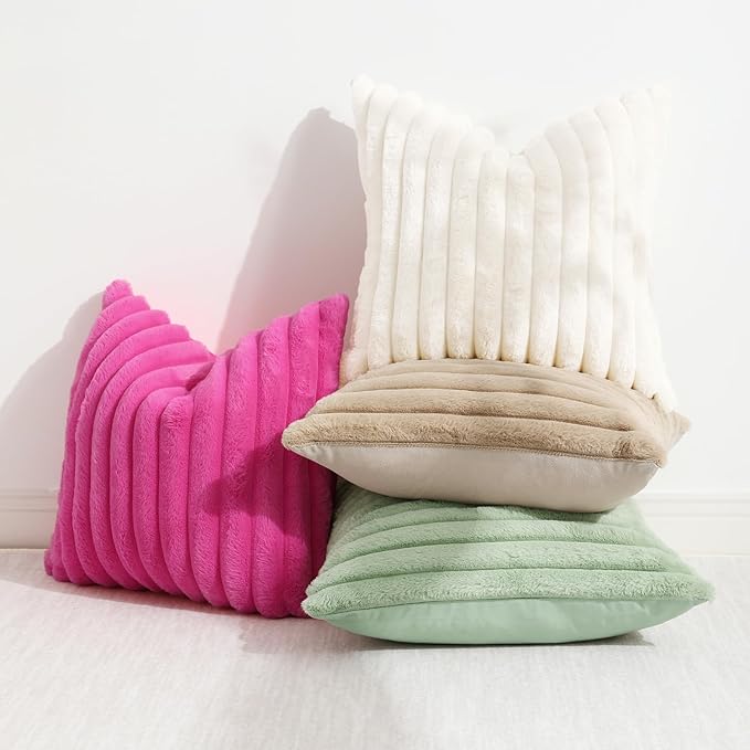 decorUhome Faux Fur Spring Throw Pillow Covers 18x18 Set of 2, Decorative Soft Plush Striped Neutral Couch Pillow Covers with Velvet Back for Sofa, Bed, Living Room Home, Sage Green