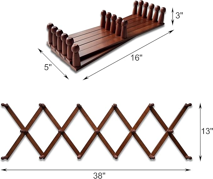 Expandable Wooden Coat Rack Hanger – Accordion Wall Mounted Pine Wood Hooks – Hand Made Vintage Expending Pegs – Hang Coat, Jacket, Hat, Leash, Towel, Mug, Bag – 17 Hook, Dark Walnut