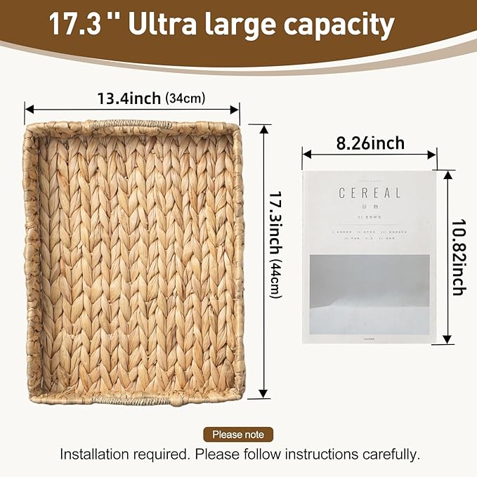 Water Hyacinth Serving Tray, Handwoven Woven Tray with Handles and Scalloped Edge, Rectangle Wicker Basket for Home Decor and Organizing, 17.3" L x 13.4" W x 3.6" H