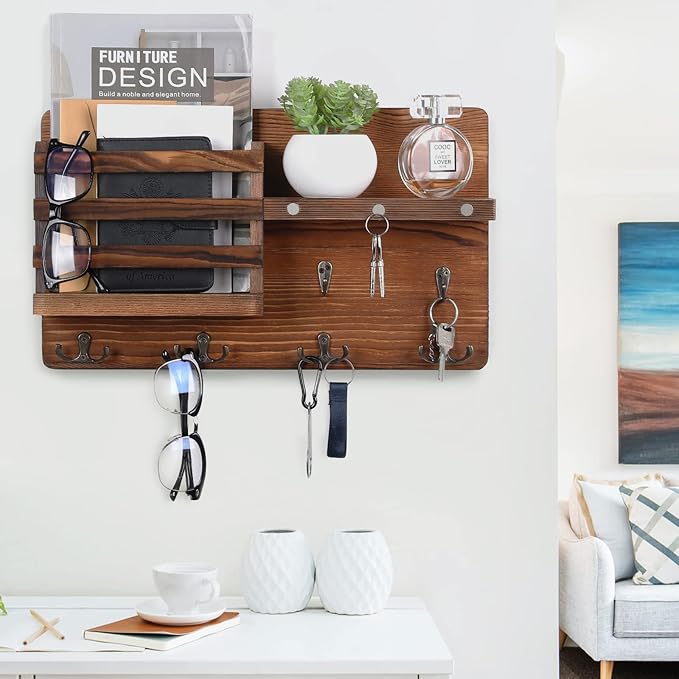 Decorative Key Hanging Rack with 10 Hooks – Easy Install Natural Wooden Key and Mail Holder for Wall Mount – Entryway Decor Rack with Shelf (Brown)