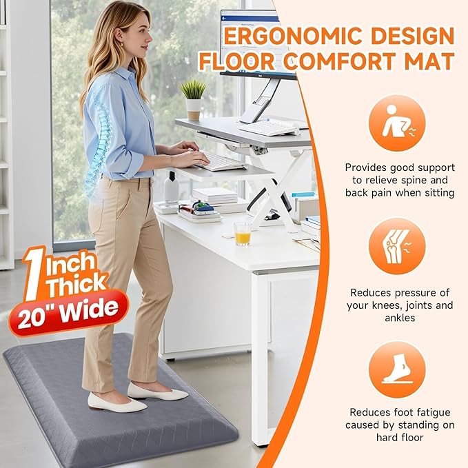 StepRite 1” Thick Kitchen Mats for Floor, Anti Fatigue Kitchen Rugs, Non-Slip,Heavy Duty Waterproof Kitchen Rug, Standing Desk Mat, Gifts for Friends, Family, Home, Kitchen, Office (32" x 20", Grey)