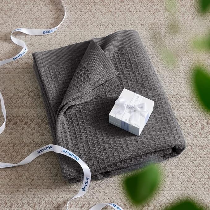Bedsure Gentlesoft 100% Cotton Blanket Twin XL Size for College Dorm - Breathable and Soft for Spring Summer, Waffle Weave Twin Blanket for Bed, Dorm Room Essentials, Dark Grey, 66x90 inches