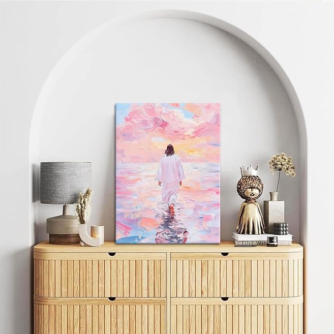 Pink Jesus Walking On Water Wall Art Religious Christian Oil Painting Canvas Wall Decor Religious Savior Poster Aesthetic Pictures for Living Prayer Room Church Bedroom 12x16 in Framed
