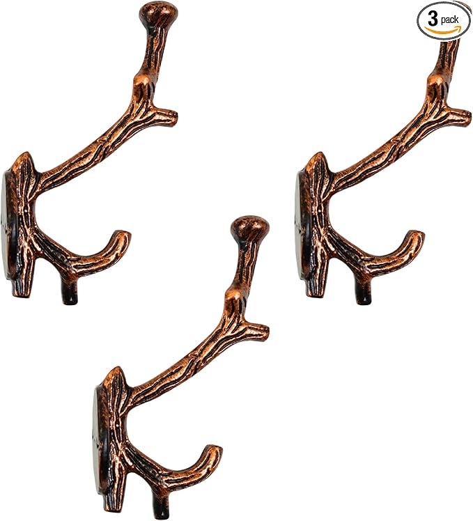 Set of 3 Cast Iron Tree Branch Shape Coat Hooks Wall Art Decor-Branch Shape Hangers and Key Holder-Clothes Rack and Backpack Hanger-Coat Hooks Home Decor for Storage,Living (Copper Antique)