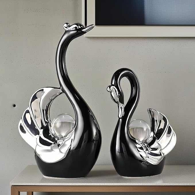 XINDAM A Pair of Swan Figurines Swans Statue with Crystal Ball Model Home Office Display Decorative Craft Living Room Decor (Black)
