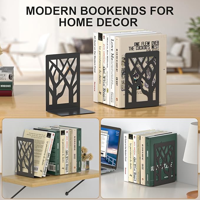 Bookends 8 Pieces, Tree Design Modern Metal Bookends for Shelves, Black Tree Book Ends Decorative Book Organizer for Desk, Decorative Shelve Book Stopper for Home Office