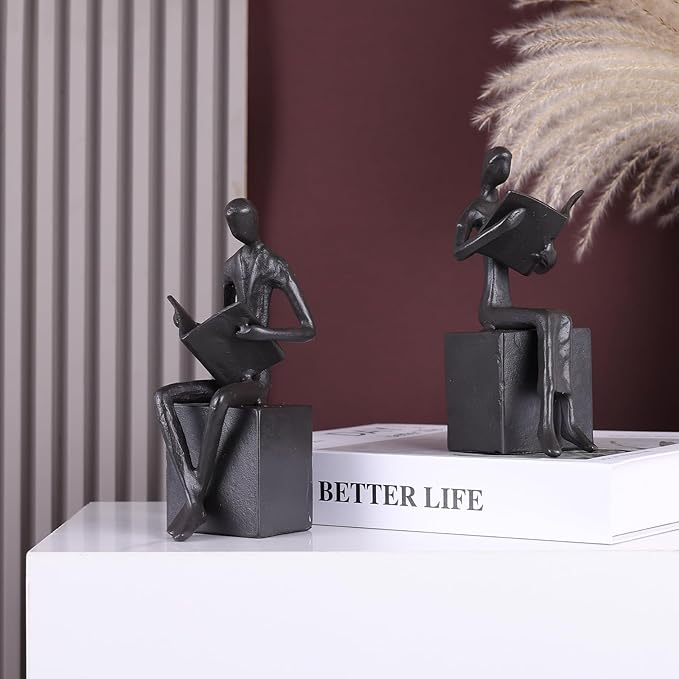 Reading Couple Bookshelf Decor Bookends Set of 2, Cast Iron Bookend for Office Desk, Living Room, Bedroom, Home Decorative Book Lovers Gifts (Reading Bookends)