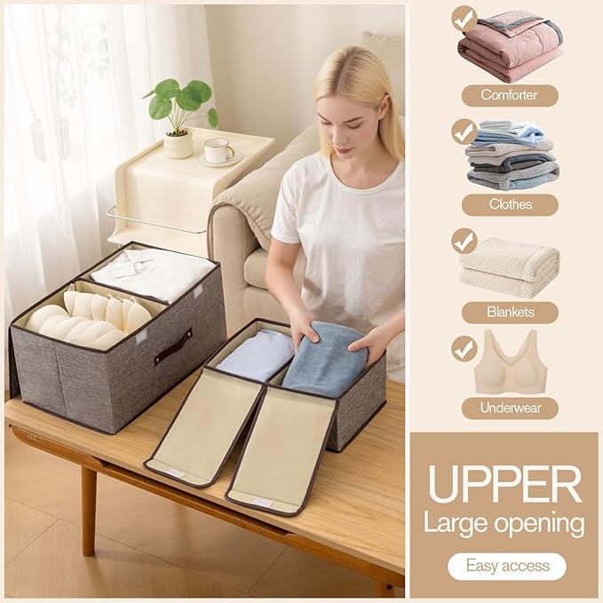 Linen Storage Boxes with Removable Dividers, 2-Pack Large Foldable Organizer Bins, Gray Fabric Containers with Handles for Clothes, Blankets, Underwear Storage (Beige, 2Pack*37.5L)