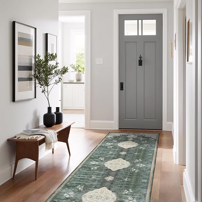 Beverly Rug Non Slip Rugs 2x7 Boho Medallion Floral Non Skid Rubber Backing Easy Silk Soft Runner Rug for Living Room Easy to Clean Non Shedding Kitchen Bedroom Indoor Carpet (2 x 7 Green - Cream)