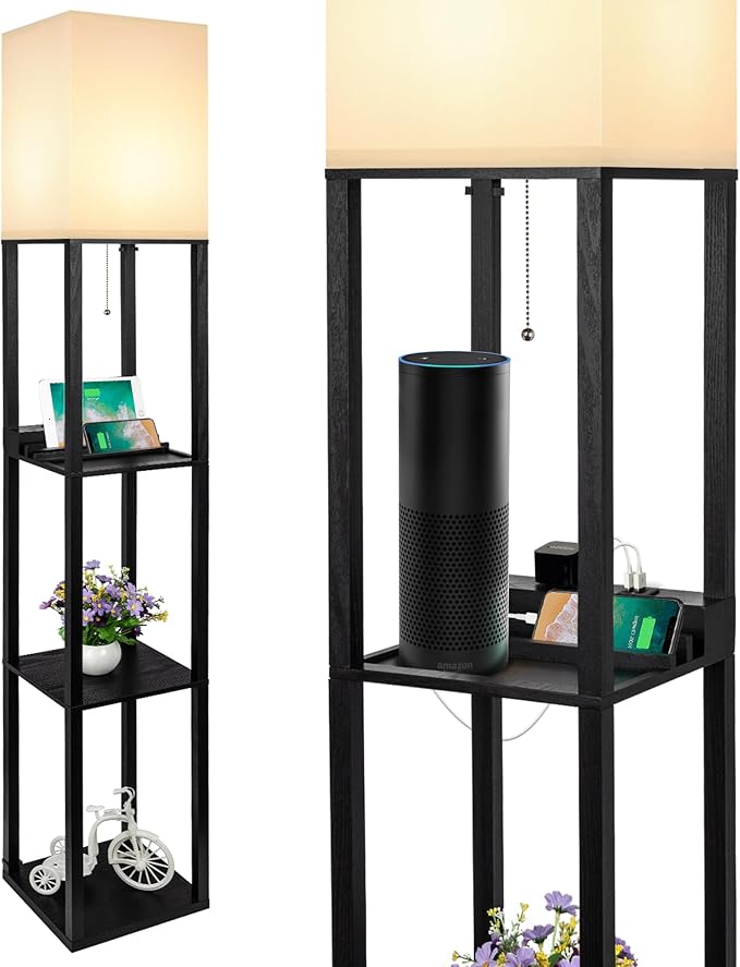 SHINE HAI 3-in-1 Shelf Floor Lamp with 1 USB&Type C&1 AC Outlet, 3-Tiered LED Bedroom Lamp, Shelf & Storage Combination Modern Standing Light