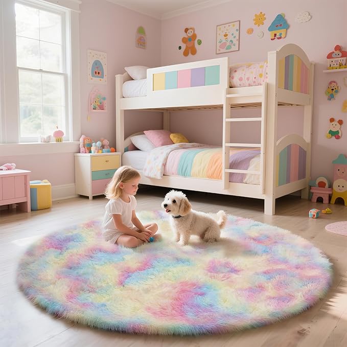 yulidayang Rainbow Fluffy Round Area Rugs for Bedroom,4'X4'Shag Circle Area Rugs for Girls Room,Non Slip Fuzzy Plush Rug for Kids Room Living Room and Dorm Home Decor Rug