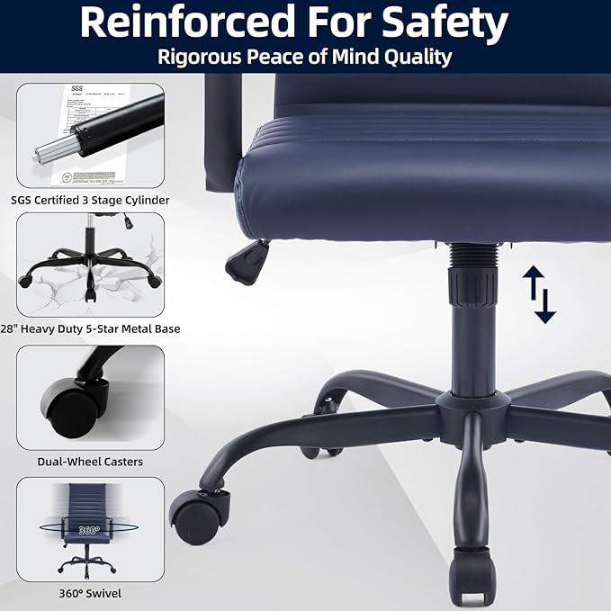 Haranuo Office Chair, Ergonomic Executive Conference Room Chairs, Ribbed Leather Desk Chair with Lumbar Support, Adjustable Height Mid-Back Swivel Chair with Padded Seat
