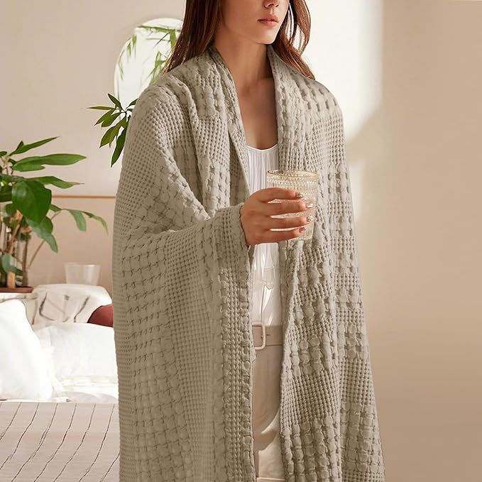 PHF 100% Cotton Waffle Weave Throw Blanket, Soft Lightweight Breathable Cozy Throws for Couch Bed Sofa, 300 GSM Luxury Aesthetic Blanket Gift for Home Decor & Office, 50"x60", Taupe