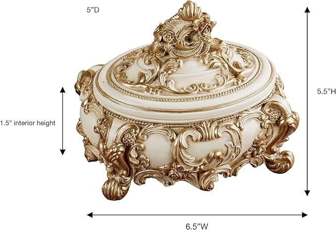 Touch of Class Oliviana Covered Box - Resin - Ivory, Gold - Victorian Style - Acanthus Leaves - Vintage Decor for Jewelry, Trinkets, Keys - Place in Bedroom, Bathroom, Foyer, Entryway