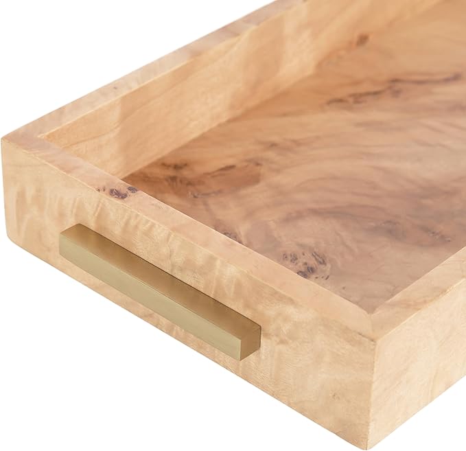 Kate and Laurel Burlock Modern Decorative Burlwood Rectangle Tray with Handles, 8 x 19, Natural Wood and Gold, Transitional Rectangular Tray for Use as Entryway Tray Decor or Ottoman Serving Tray