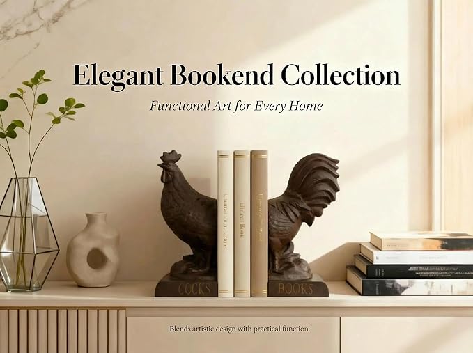 Comfy Hour Rooster Decorative Bookends, Vintage Farmhouse Style Animal Book Ends for Shelves, Heavy Duty Antique Rusty Effect Book Stopper for Books & Cookbooks, 1 Pair