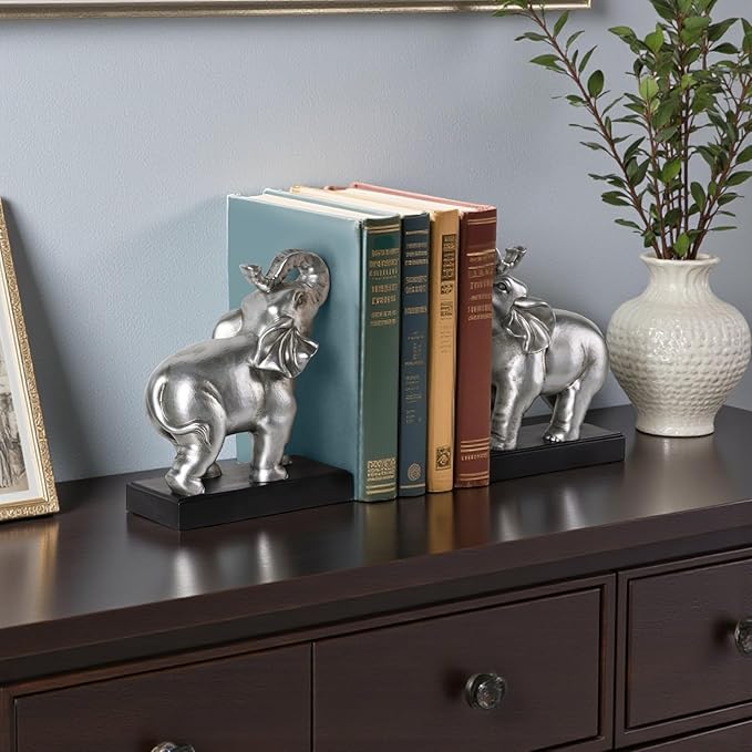 Elephant Book Ends Decorative, Bookends for Shelves, Book Ends for Heavy Books with Anti-Slip Pad for Book Lovers Heavy Book Holder for Home Office Decor (Silver)