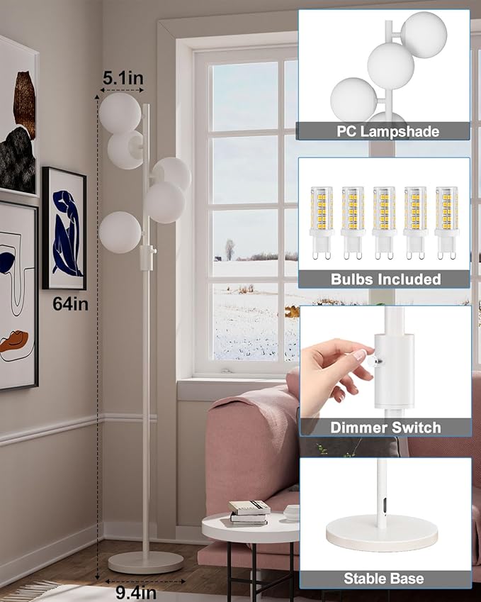 ACOHOOK 64IN Dimmable White Floor Lamp, Tall Standing Lamps with 5 Globe Soft Warm White Eye Care 3000K G9 Bulbs, Mid Century Modern Floor Lamp for Living Room Bedroom Office
