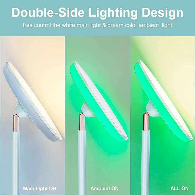 WOWLUMEN Bright Floor Lamp for Living Room, 42W LED Room Lights with Remote, 3700LM RGBW Modern Tall Standing Light, Color & Brightness Dimmable, UFO Ring Lamp,1/2/3H Timer for Bedroom,Office(Blue