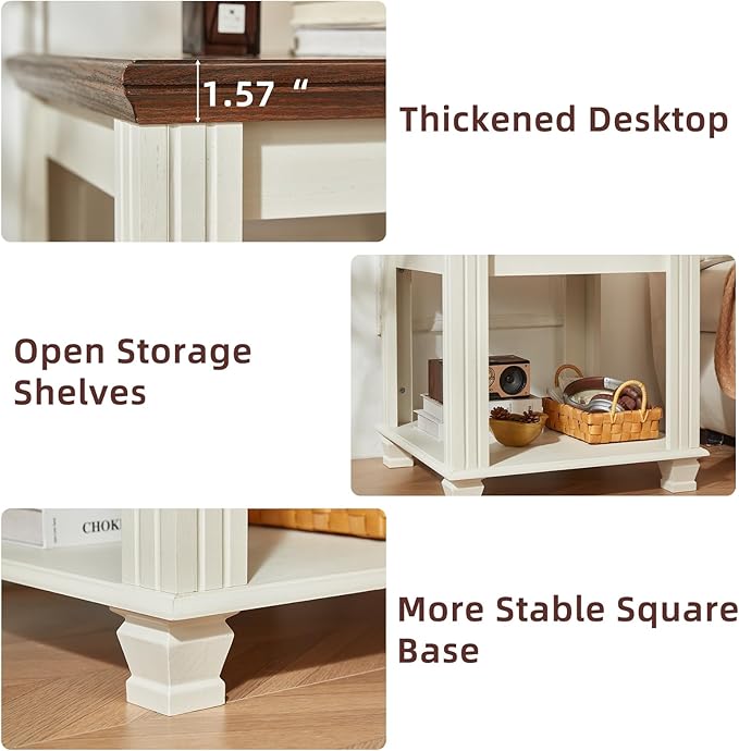 Farmhouse End Table with 2-Tier Storage Shelf, Large Square Side Table with 4 Solid Wood Square Legs, Small Coffee Table for Living Room, White