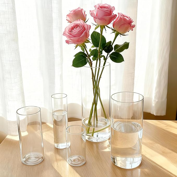 Cylinder Glass Bud Vases Set of 10 Clear Flower Vase for Centerpieces Shelf, Modern Small Vases for Living Room Bedroom Office Home, Decor for Wedding House Warming Party