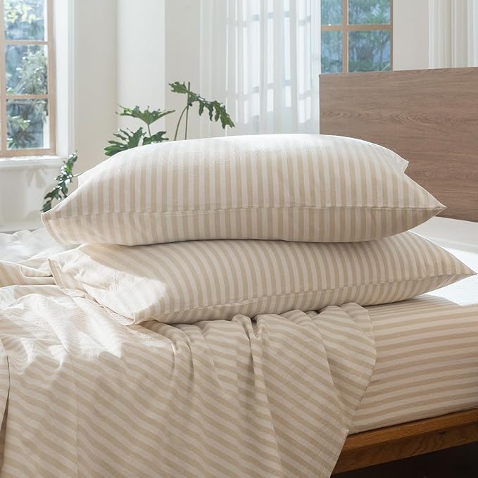 MooMee Striped Duvet Cover Set 100% Washed Cotton Linen Like Textured Breathable Durable Soft Comfy (Almond Milk Grey Classic Stripes, Oversized Queen 98"x98")