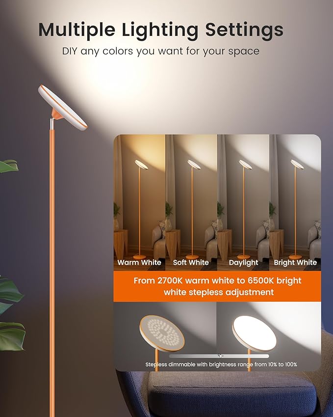 WOWLUMEN UFO Floor Lamp 71in, Upgraded 42W 3700LM LED Torchiere Floor Lamps for Living Room, Modern Tall Bright Standing Light with Remote, Dimmable Sky Light,1/2/3H Timer for Bedroom,Office(Orange)