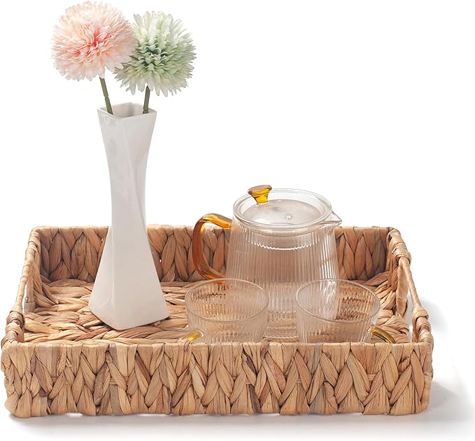Water Hyacinth Rectangular Serving Tray for Coffee Table Natural Storage Baskets with Handles for Home and Kitchen Decor Set of 2
