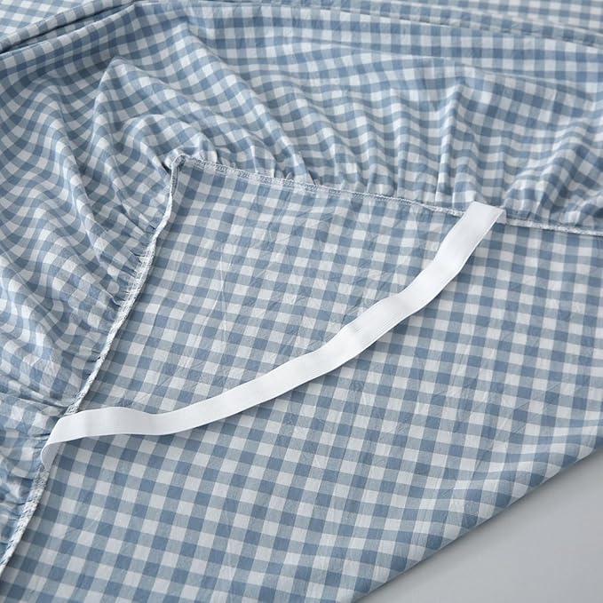 Silnuo Blue/White Plaid Bed Skirt Washed Cotton Shabby Gingham Checkered Dust Ruffle King Size 18" Bedding(1 Bed Skirt Only)