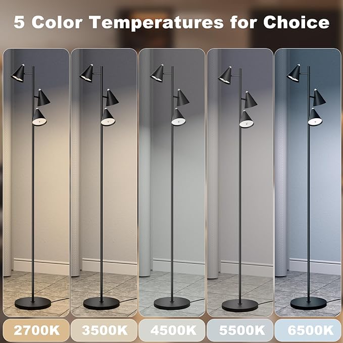 KimYan Tree Floor Lamp with Remote, Dimmable 3 Rotatable LED Lights, 5 Color Temperatures, 63" Modern Standing Lamp for Living Room, Bedroom, Office Reading Light