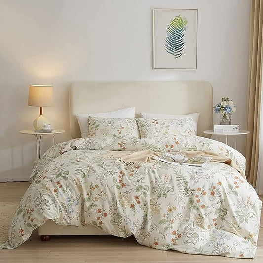 Chic Floral Duvet Cover Full Size Cotton Botanical Floral Bedding Sets Full Vintage Style Aesthetic Floral Comforter Cover Garden Flower Branches Pattern Full Bedding Sets with Zipper Closure 4 Ties
