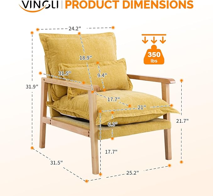 VINGLI Mid-Century Modern Cloud Accent Armchair with Lumbar Pillow, 6.3'' Thick Seat Cushion Comfortable Reading Chair with Wooden Armrests，Boho Lounge Chair for Bedroom, Living Room, Chenille, Yellow