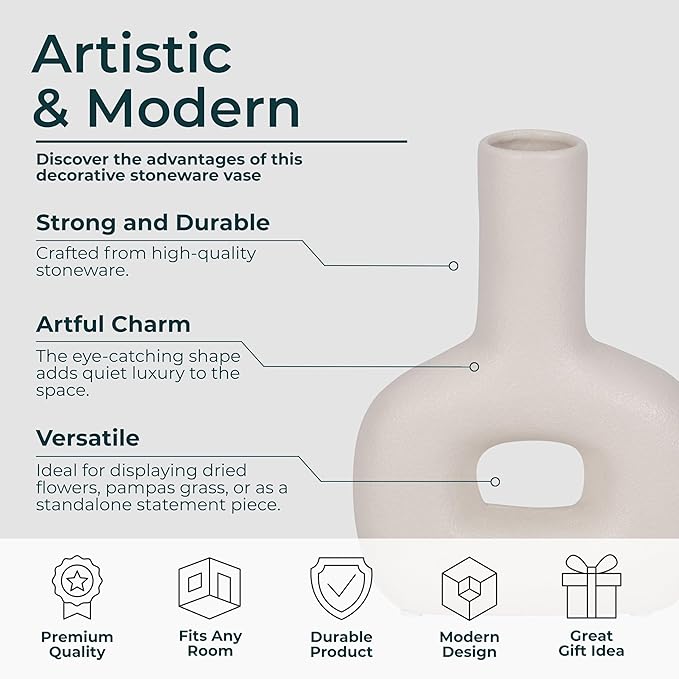 Modern Open-Cut Dolomite Vase for Living Room Decor and Home Accents - Decorative Flower Vase for Room, Bedroom or Office Display - Elevate House Display and Console Table Decor - 8", Ivory