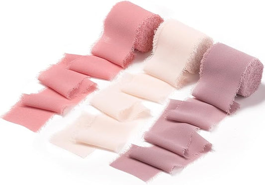 DORIS HOME 2" x21Yd Chiffon Ribbon for Flower Bouquet, Pink & Dusty Rose Fabric Ribbon for Gift Wrapping, Handmade Frayed Ribbon for Wedding/Christmas Decorations