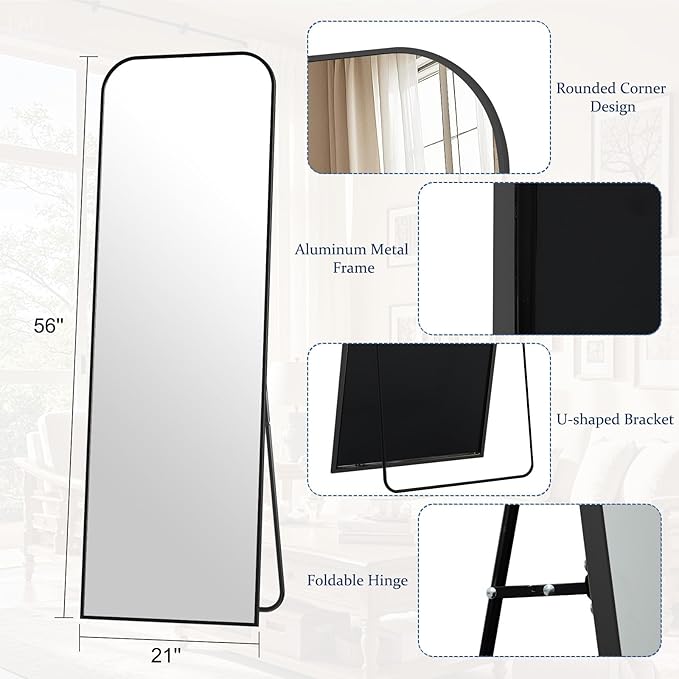 Full Length Mirror 56"x21" Arched Floor Standing Large Mirrors Full Body Mirror with Stand - with Aluminum Frame for Bedroom Living Room, Black