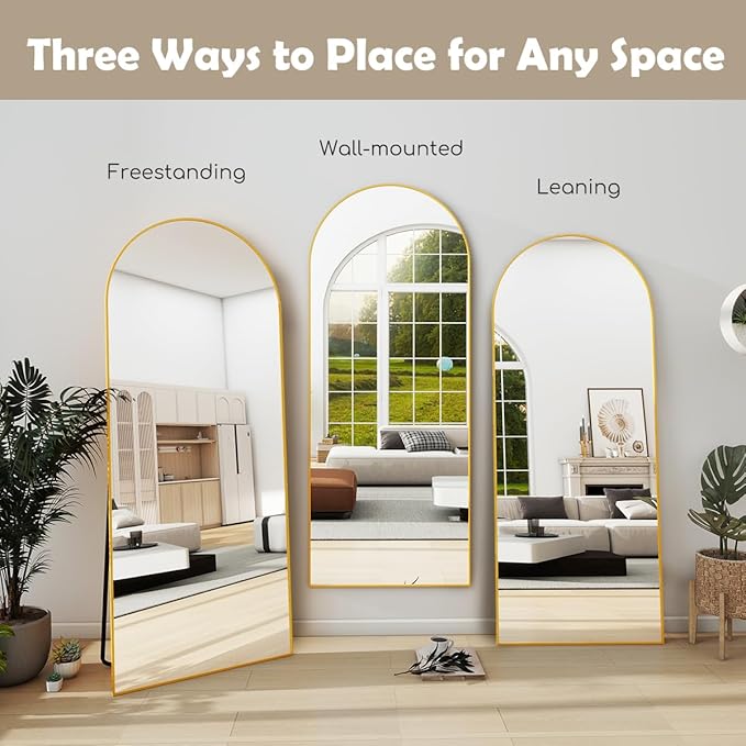 Arched Floor Mirror, 58 "x 18" Full Length Mirror Wall Mirrors Hanging or Leaning Arched-Top Full Body Mirrors with Stand for Bedroom, Dressing Room, Gold