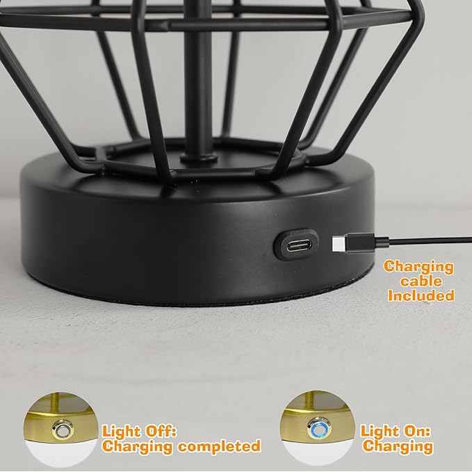 Black Cordless Lamp,Touch Stepless Dimming,8000mAh Rechargeable Battery Table Lamp,Black Cage Frame Wireless Lamp,White Lampshade,14.7inches Tall