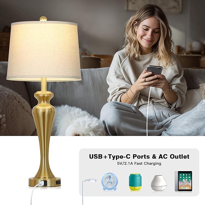 30" Table Lamp Single, 3-Way Dimmable Touch Bedside Lamp with USB A+C Ports and AC Outlet, Tall Living Room Lamps for Side Table, Modern Bedroom Lamp for Nightstand, Gold-1PK