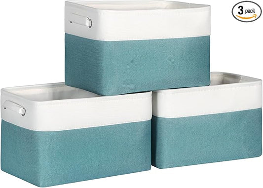 Kntiwiwo Foldable Storage Bin Collapsible Fabric Storage Basket Cube with Durable Handles Closet Organizer Bins for Organizing Shelves Drawers, Set of 3, 15" x 10" x 9.5", Teal